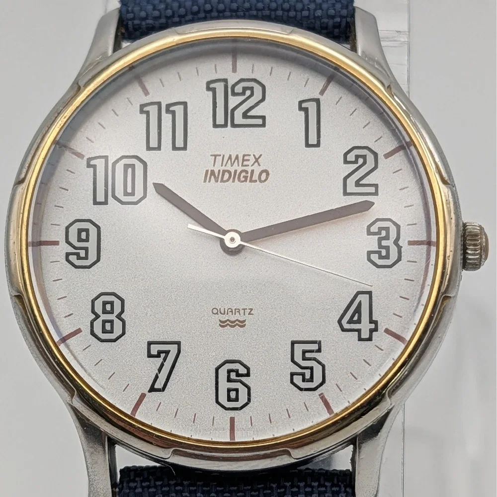 Timex‎ Indiglo White Dial Quartz Watch 35mm Blue Strap Arabic Numerals